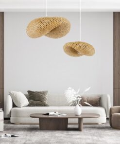 GloboStar® MEXICO 00718 Vintage Κρεμαστό Φωτιστικό Οροφής Μονόφωτο 1 x E27 Μπεζ Ξύλινο Bamboo Μ40 x Π30 x Y18cm