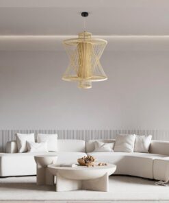 GloboStar® MANGO 01931 Boho Κρεμαστό Φωτιστικό Οροφής Μονόφωτο 1 x E27 AC220-240V IP20 – Φ50 x Υ60cm – Μπεζ Ξύλινο Πλέγμα – 5 Years Warranty