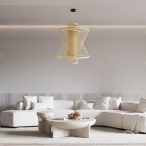 GloboStar® MANGO 01931 Boho Κρεμαστό Φωτιστικό Οροφής Μονόφωτο 1 x E27 AC220-240V IP20 – Φ50 x Υ60cm – Μπεζ Ξύλινο Πλέγμα – 5 Years Warranty