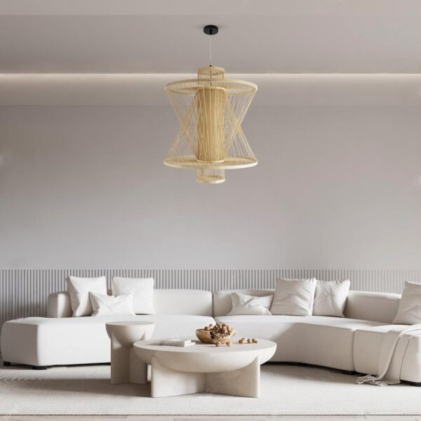 GloboStar® MANGO 01931 Boho Κρεμαστό Φωτιστικό Οροφής Μονόφωτο 1 x E27 AC220-240V IP20 – Φ50 x Υ60cm – Μπεζ Ξύλινο Πλέγμα – 5 Years Warranty