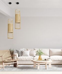 GloboStar® HIBISCUS 01933 Boho Κρεμαστό Φωτιστικό Οροφής Μονόφωτο 1 x E27 AC220-240V IP20 – Φ20 x Υ70cm – Μπεζ Ξύλινο Πλέγμα – 5 Years Warranty