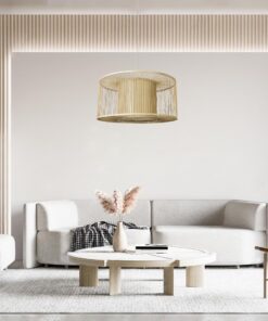 GloboStar® COCONUT 01936 Boho Κρεμαστό Φωτιστικό Οροφής Μονόφωτο 1 x E27 AC220-240V IP20 – Φ80 x Υ38cm – Μπεζ Ξύλινο Πλέγμα – 5 Years Warranty