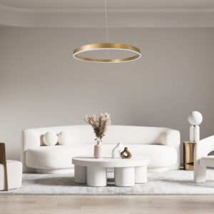 GloboStar® VENOM 61184 Κρεμαστό Φωτιστικό Δαχτυλίδι-Κύκλος LED CCT 75W 8818lm 120° AC 220-240V – Εναλλαγή Φωτισμού μέσω Τηλεχειριστηρίου All In One Ψυχρό 6000K+Φυσικό 4500K+Θερμό 2700K Dimmable Φ100cm – Χρυσό Βούρτσας – 3 Years Warranty