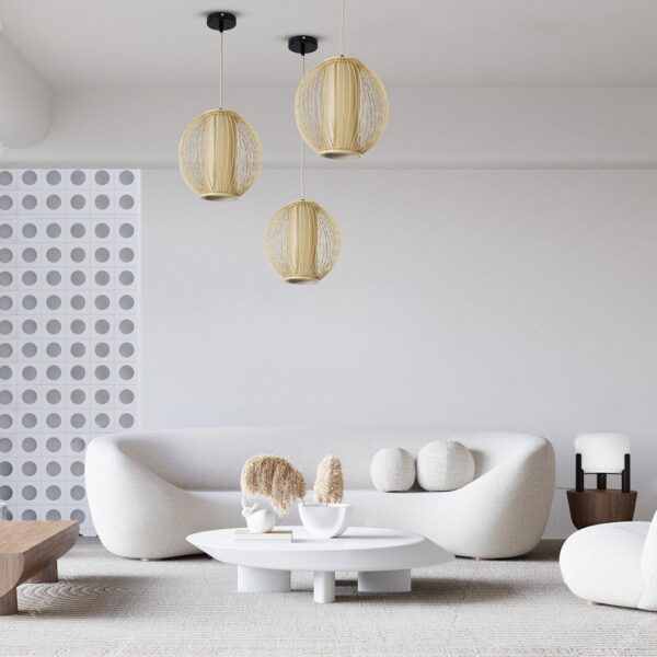GloboStar® SUNFLOWER 01934 Boho Κρεμαστό Φωτιστικό Οροφής Μονόφωτο 1 x E27 AC220-240V IP20 – Φ28 x Υ28cm – Μπεζ Ξύλινο Πλέγμα – 5 Years Warranty