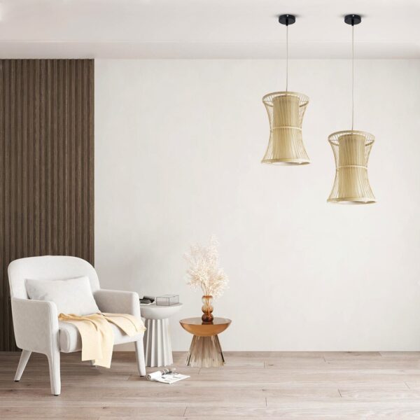 GloboStar® TIKI 01932 Boho Κρεμαστό Φωτιστικό Οροφής Μονόφωτο 1 x E27 AC220-240V IP20 – Φ30 x Υ40cm – Μπεζ Ξύλινο Πλέγμα – 5 Years Warranty