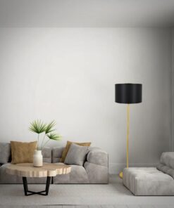 GloboStar® ASHLEY 00825 Μοντέρνο Φωτιστικό Δαπέδου Μονόφωτο 1 x E27 Χρυσό Μεταλλικό Καμπάνα με Μαύρο Ύφασμα & Χρυσή Βάση D40 x H148cm