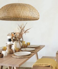 GloboStar® SAN TROPEZ 00674 Vintage Κρεμαστό Φωτιστικό Οροφής Μονόφωτο 1 x E27 Καφέ Ξύλινο Bamboo Φ80 x Υ28cm