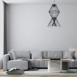 GloboStar® YOSHI 01929 Boho Κρεμαστό Φωτιστικό Οροφής Μονόφωτο 1 x E27 AC220-240V IP20 – Φ35 x Υ60cm – Μαύρο Ξύλινο Πλέγμα – 5 Χρόνια Εγγύηση