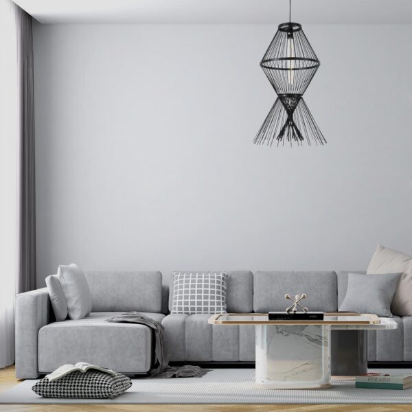 GloboStar® YOSHI 01929 Boho Κρεμαστό Φωτιστικό Οροφής Μονόφωτο 1 x E27 AC220-240V IP20 – Φ35 x Υ60cm – Μαύρο Ξύλινο Πλέγμα – 5 Χρόνια Εγγύηση