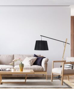 GloboStar® KELSIE 02029 Μοντέρνο Επιδαπέδιο Φωτιστικό Μονόφωτο 1 x E27 AC220-240V IP20 – Μ40 x Π125 x Υ140cm – Μαύρο Μεταλλικό με Μπεζ Ξύλινο Σώμα & Μαύρο Καπέλο – 5 Χρόνια Εγγύηση