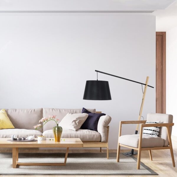 GloboStar® KELSIE 02029 Μοντέρνο Επιδαπέδιο Φωτιστικό Μονόφωτο 1 x E27 AC220-240V IP20 – Μ40 x Π125 x Υ140cm – Μαύρο Μεταλλικό με Μπεζ Ξύλινο Σώμα & Μαύρο Καπέλο – 5 Χρόνια Εγγύηση