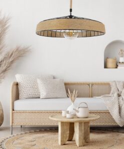 GloboStar® SAHARA 01416 Vintage Κρεμαστό Φωτιστικό Οροφής Μονόφωτο 1 x E27 Μαύρο Μεταλλικό με Μπεζ Σχοινί Φ80 x Υ25cm