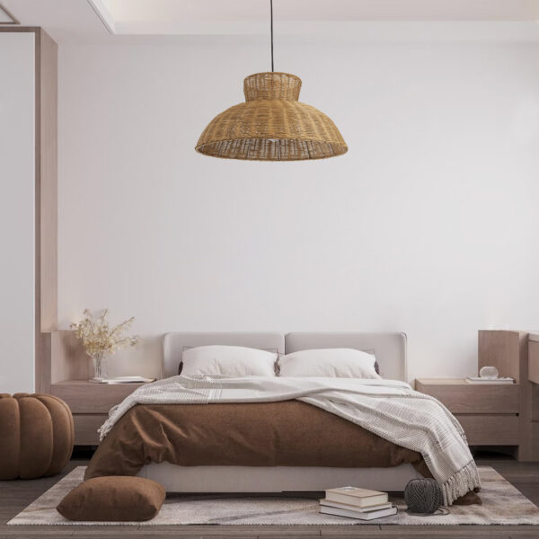 GloboStar® MALABO 02328 Boho Κρεμαστό Φωτιστικό Οροφής Μονόφωτο 1 x E27 AC220-240V IP20 – Φ60 x Υ31cm – Καφέ Ξύλινο Μπαμπού Πλέγμα – 5 Χρόνια Εγγύηση