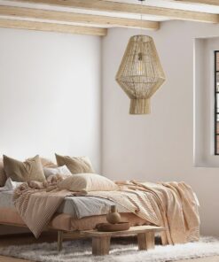 GloboStar® CAYMAN 01853 Boho Κρεμαστό Φωτιστικό Οροφής Μονόφωτο 1 x E27 AC220-240V IP20 – Φ40 x Υ60cm – Μπεζ Λεπτό Σχοινί Τριχιά Πλέγμα – 5 Χρόνια Εγγύηση