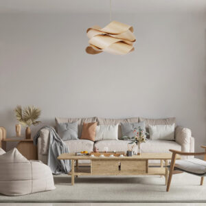 GloboStar® SARDIGNA 02181 Boho Κρεμαστό Φωτιστικό Οροφής Μονόφωτο 1 x E27 AC220-240V IP20 – Φ60 x Υ30cm – Μπεζ Λεπτό Φύλλο Ξύλου Πλέγμα – 5 Χρόνια Εγγύηση