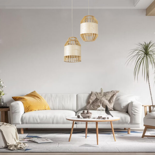 GloboStar® GALIA 02219 Boho Κρεμαστό Φωτιστικό Οροφής Μονόφωτο 1 x E27 AC220-240V IP20 – Φ30 x Υ40cm – Μπεζ Ξύλινο Μπαμπού Πλέγμα Καμπάνα – 5 Χρόνια Εγγύηση