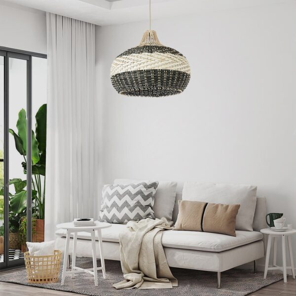 GloboStar® BARBADOS 01946 Boho Κρεμαστό Φωτιστικό Οροφής Μονόφωτο 1 x E27 AC220-240V IP20 – Φ40 x Υ34cm – Μπεζ – Χακί Ξύλινο Πλέγμα Καμπάνα – 5 Χρόνια Εγγύηση