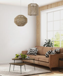 GloboStar® CAYMAN 00519 Boho Κρεμαστό Φωτιστικό Οροφής Μονόφωτο 1 x E27 AC220-240V IP20 – Φ40 x Υ40cm – Μπεζ Λεπτό Σχοινί Τριχιά Πλέγμα – 5 Χρόνια Εγγύηση