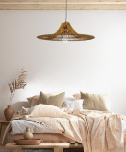 GloboStar® PALERMO 02310 Boho Κρεμαστό Φωτιστικό Οροφής Μονόφωτο 1 x E27 AC220-240V IP20 – Φ60 x Υ18cm – Μπεζ Καφέ Ξύλινο Μπαμπού Πλέγμα – 5 Χρόνια Εγγύηση