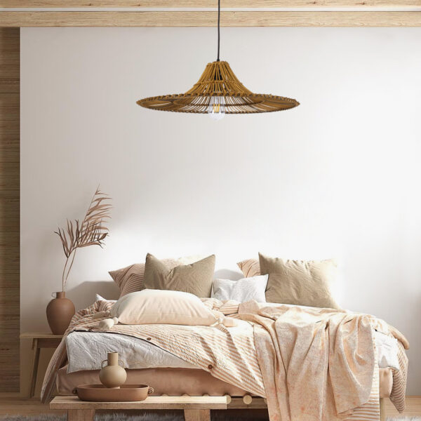GloboStar® PALERMO 02310 Boho Κρεμαστό Φωτιστικό Οροφής Μονόφωτο 1 x E27 AC220-240V IP20 – Φ60 x Υ18cm – Μπεζ Καφέ Ξύλινο Μπαμπού Πλέγμα – 5 Χρόνια Εγγύηση
