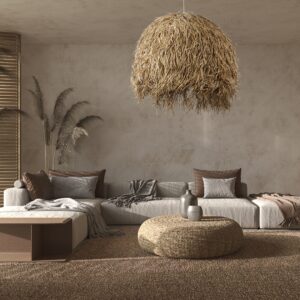 GloboStar® GUADELOUPE 02159 Boho Κρεμαστό Φωτιστικό Οροφής Μονόφωτο 1 x E27 AC220-240V IP20 – Φ120 x Υ100cm – Μπεζ Φυσική Ράφια Νήμα Πλέγμα Καμπάνα – 5 Χρόνια Εγγύηση