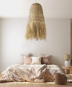 GloboStar® PORTOFERRAIO 02190 Boho Κρεμαστό Φωτιστικό Οροφής Μονόφωτο 1 x E27 AC220-240V IP20 – Φ60 x Υ120cm – Μπεζ Φυσική Ράφια Νήμα Πλέγμα Καμπάνα – 5 Χρόνια Εγγύηση