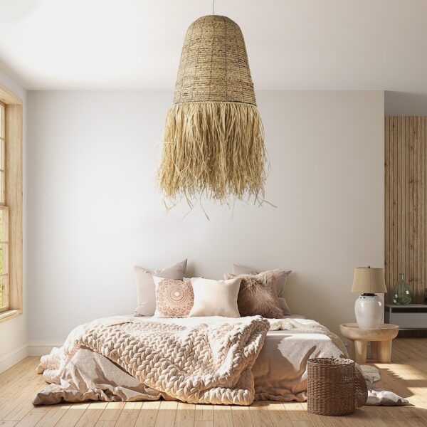 GloboStar® PORTOFERRAIO 02190 Boho Κρεμαστό Φωτιστικό Οροφής Μονόφωτο 1 x E27 AC220-240V IP20 – Φ60 x Υ120cm – Μπεζ Φυσική Ράφια Νήμα Πλέγμα Καμπάνα – 5 Χρόνια Εγγύηση