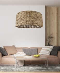 GloboStar® MANGATA 01850 Boho Κρεμαστό Φωτιστικό Οροφής Μονόφωτο 1 x E27 AC220-240V IP20 – Φ90 x Υ40cm – Καφέ Water Hyacinth – Υδρουάκινθος Πλέγμα Καμπάνα – 5 Χρόνια Εγγύηση