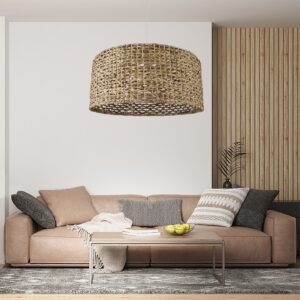 GloboStar® MANGATA 01850 Boho Κρεμαστό Φωτιστικό Οροφής Μονόφωτο 1 x E27 AC220-240V IP20 – Φ90 x Υ40cm – Καφέ Water Hyacinth – Υδρουάκινθος Πλέγμα Καμπάνα – 5 Χρόνια Εγγύηση