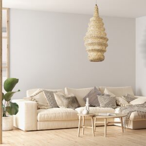 GloboStar® MAUI 02114 Boho Κρεμαστό Φωτιστικό Οροφής Μονόφωτο 1 x E27 AC220-240V IP20 – Φ30 x Υ77cm – Μπεζ Ξύλινο Μπαμπού Πλέγμα – 5 Χρόνια Εγγύηση