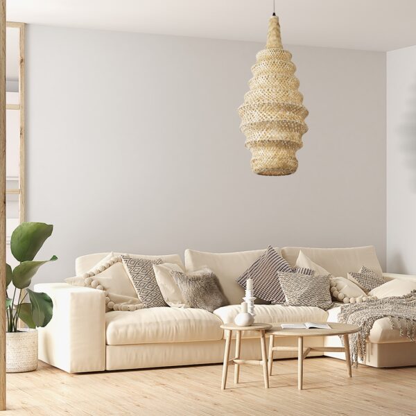 GloboStar® MAUI 02114 Boho Κρεμαστό Φωτιστικό Οροφής Μονόφωτο 1 x E27 AC220-240V IP20 – Φ30 x Υ77cm – Μπεζ Ξύλινο Μπαμπού Πλέγμα – 5 Χρόνια Εγγύηση