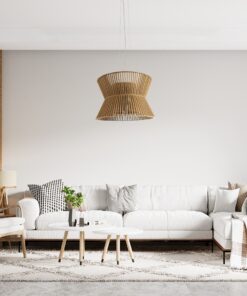 GloboStar® BIMINI 02288 Boho Κρεμαστό Φωτιστικό Οροφής Μονόφωτο 1 x E27 AC220-240V IP20 – Φ60 x Υ40cm – Καφέ Ξύλινο Πλέγμα Καμπάνα – 5 Χρόνια Εγγύηση