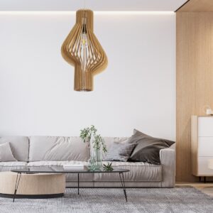 GloboStar® MIHIRO 02172 Boho Κρεμαστό Φωτιστικό Οροφής Μονόφωτο 1 x E27 AC220-240V IP20 – Φ32 x Υ56cm – Καφέ Ξύλινο Πλέγμα – 5 Χρόνια Εγγύηση