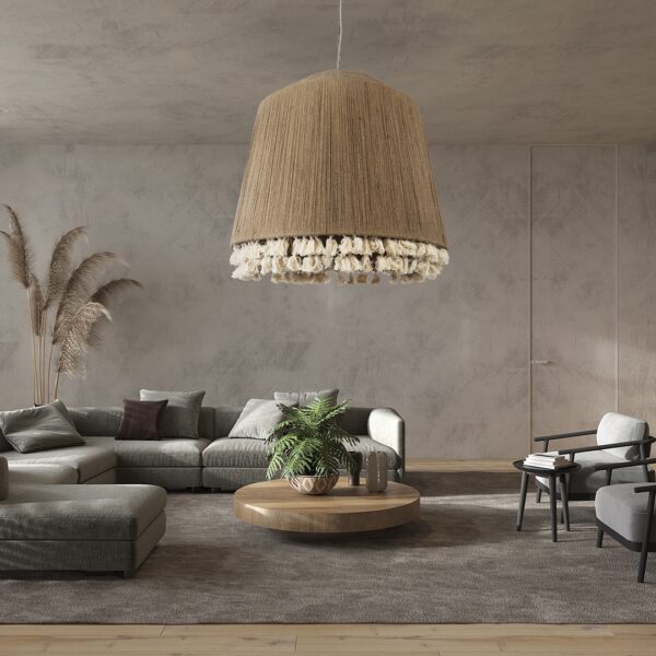 GloboStar® PUERTORICO 02093 Boho Κρεμαστό Φωτιστικό Οροφής Τρίφωτο 3 x E27 AC220-240V IP20 – Φ80 x Υ80cm – Μπεζ Λεπτό Σχοινί Τριχιά Καμπάνα – 5 Χρόνια Εγγύηση