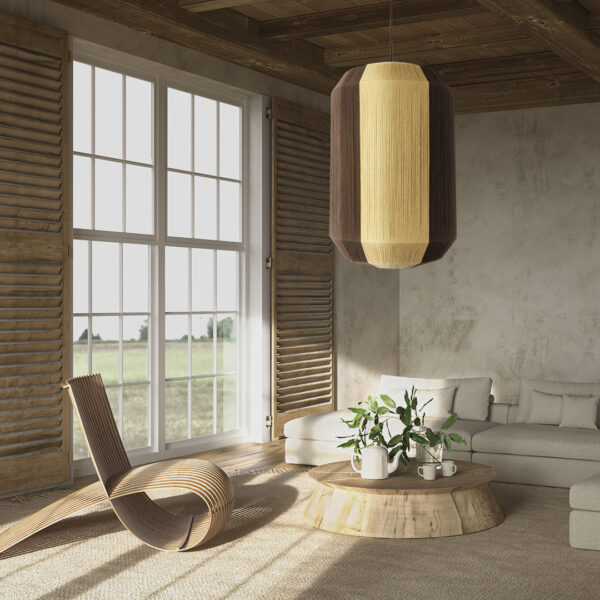 GloboStar® SALERNO 02076 Boho Κρεμαστό Φωτιστικό Οροφής Μονόφωτο 1 x E27 AC220-240V IP20 – Φ50 x Υ80cm – Μπεζ με Καφέ Λεπτό Νήμα Βαμβακερό Πλέγμα Καμπάνα – 5 Χρόνια Εγγύηση