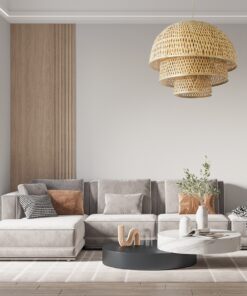 GloboStar® HIROKA 01836 Boho Κρεμαστό Φωτιστικό Οροφής Μονόφωτο 1 x E27 AC220-240V IP20 – Φ60 x Υ50cm – Μπεζ Ξύλινο Μπαμπού Πλέγμα – 5 Χρόνια Εγγύηση