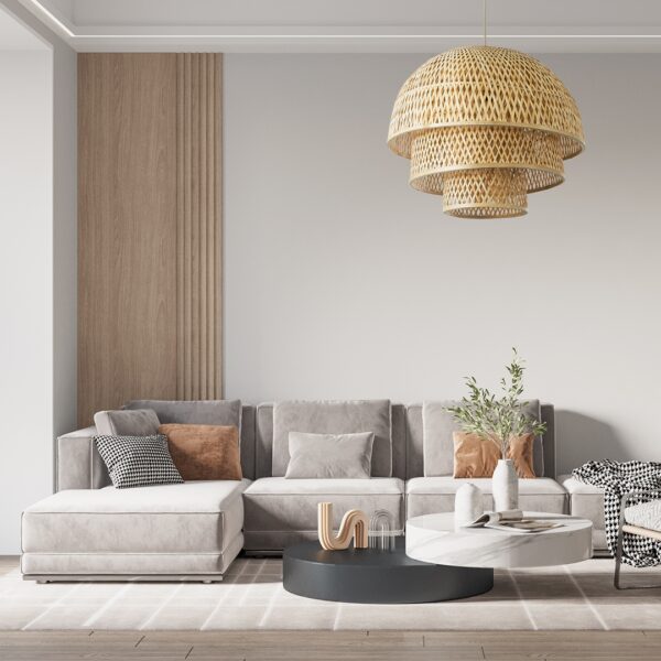 GloboStar® HIROKA 01836 Boho Κρεμαστό Φωτιστικό Οροφής Μονόφωτο 1 x E27 AC220-240V IP20 – Φ60 x Υ50cm – Μπεζ Ξύλινο Μπαμπού Πλέγμα – 5 Χρόνια Εγγύηση