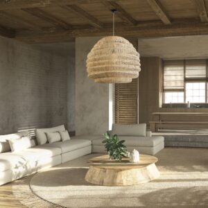 GloboStar® OREGON 02207 Boho Κρεμαστό Φωτιστικό Οροφής Μονόφωτο 1 x E27 AC220-240V IP20 – Φ80 x Υ65cm – Μπεζ Μπαμπού Πλέγμα – 5 Χρόνια Εγγύηση