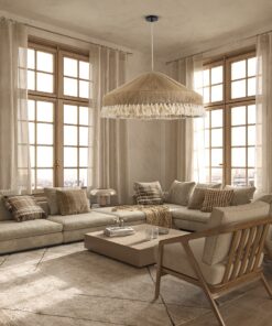 GloboStar® PUERTORICO 02099 Boho Κρεμαστό Φωτιστικό Οροφής Τριφωτο 3 x E27 AC220-240V IP20 – Φ80 x Υ35cm – Μπεζ με Λευκό Λεπτό Νήμα Πλέγμα Βαμβακερό Καπέλο – 5 Χρόνια Εγγύηση