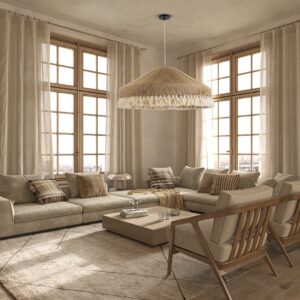 GloboStar® PUERTORICO 02099 Boho Κρεμαστό Φωτιστικό Οροφής Τριφωτο 3 x E27 AC220-240V IP20 – Φ80 x Υ35cm – Μπεζ με Λευκό Λεπτό Νήμα Πλέγμα Βαμβακερό Καπέλο – 5 Χρόνια Εγγύηση