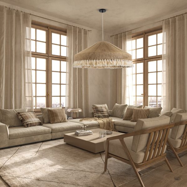 GloboStar® PUERTORICO 02099 Boho Κρεμαστό Φωτιστικό Οροφής Τριφωτο 3 x E27 AC220-240V IP20 – Φ80 x Υ35cm – Μπεζ με Λευκό Λεπτό Νήμα Πλέγμα Βαμβακερό Καπέλο – 5 Χρόνια Εγγύηση