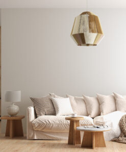 GloboStar® SALERNO 02187 Boho Κρεμαστό Φωτιστικό Οροφής Μονόφωτο 1 x E27 AC220-240V IP20 – Φ50 x Υ50cm – Μπεζ με Λευκό και Καφέ με Ροζ Λεπτό Νήμα Βαμβακερό Πλέγμα Καμπάνα – 5 Χρόνια Εγγύηση