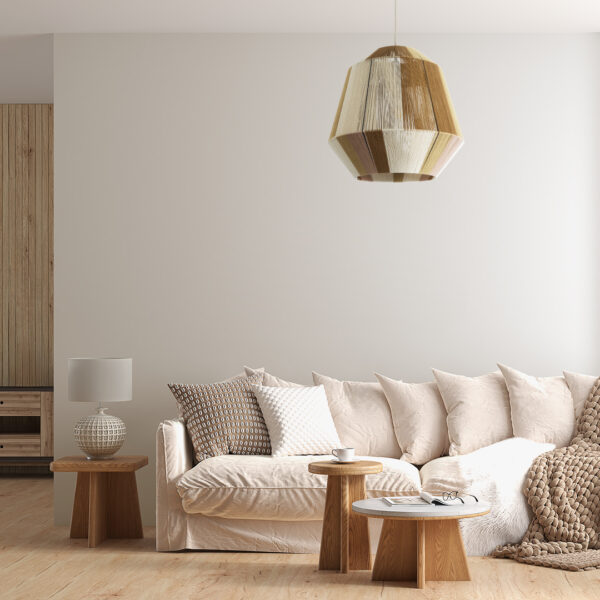 GloboStar® SALERNO 02187 Boho Κρεμαστό Φωτιστικό Οροφής Μονόφωτο 1 x E27 AC220-240V IP20 – Φ50 x Υ50cm – Μπεζ με Λευκό και Καφέ με Ροζ Λεπτό Νήμα Βαμβακερό Πλέγμα Καμπάνα – 5 Χρόνια Εγγύηση