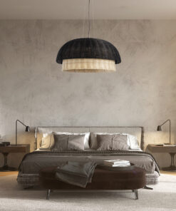 GloboStar® CORSICA 02216 Boho Κρεμαστό Φωτιστικό Οροφής Μονόφωτο 1 x E27 AC220-240V IP20 – Φ70 x Υ35cm – Μαύρο Μπεζ Ξύλινο Μπαμπού Πλέγμα Καμπάνα – 5 Χρόνια Εγγύηση