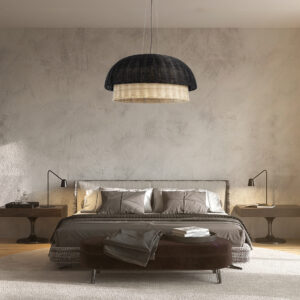 GloboStar® CORSICA 02216 Boho Κρεμαστό Φωτιστικό Οροφής Μονόφωτο 1 x E27 AC220-240V IP20 – Φ70 x Υ35cm – Μαύρο Μπεζ Ξύλινο Μπαμπού Πλέγμα Καμπάνα – 5 Χρόνια Εγγύηση