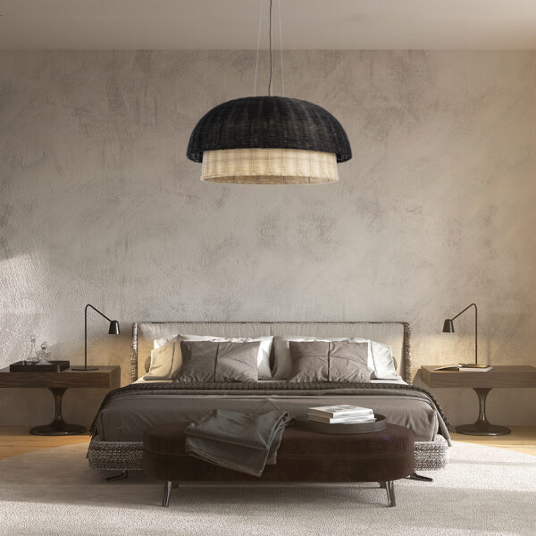 GloboStar® CORSICA 02216 Boho Κρεμαστό Φωτιστικό Οροφής Μονόφωτο 1 x E27 AC220-240V IP20 – Φ70 x Υ35cm – Μαύρο Μπεζ Ξύλινο Μπαμπού Πλέγμα Καμπάνα – 5 Χρόνια Εγγύηση