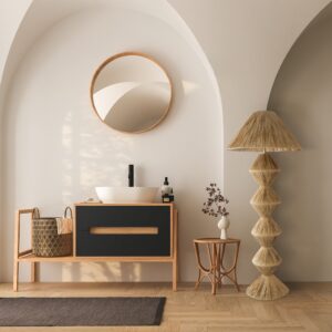 GloboStar® LUANA 02108 Boho Επιδαπέδιο Φωτιστικό Μονόφωτο 1 x E27 AC220-240V IP20 – Φ60 x Υ150cm – Μπεζ Φυσική Ράφια Νήμα Καπέλο – 5 Χρόνια Εγγύηση