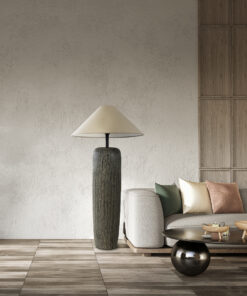 GloboStar® OLIANA 02315 Boho Επιδαπέδιο Φωτιστικό Μονόφωτο 1 x E27 AC220-240V IP20 – Φ55 x Υ110cm – Γκρι Ανθρακί Κεραμικό με Μπεζ Υφασμάτινο Καπέλο – 5 Χρόνια Εγγύηση