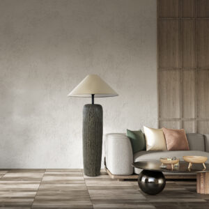 GloboStar® OLIANA 02315 Boho Επιδαπέδιο Φωτιστικό Μονόφωτο 1 x E27 AC220-240V IP20 – Φ55 x Υ110cm – Γκρι Ανθρακί Κεραμικό με Μπεζ Υφασμάτινο Καπέλο – 5 Χρόνια Εγγύηση