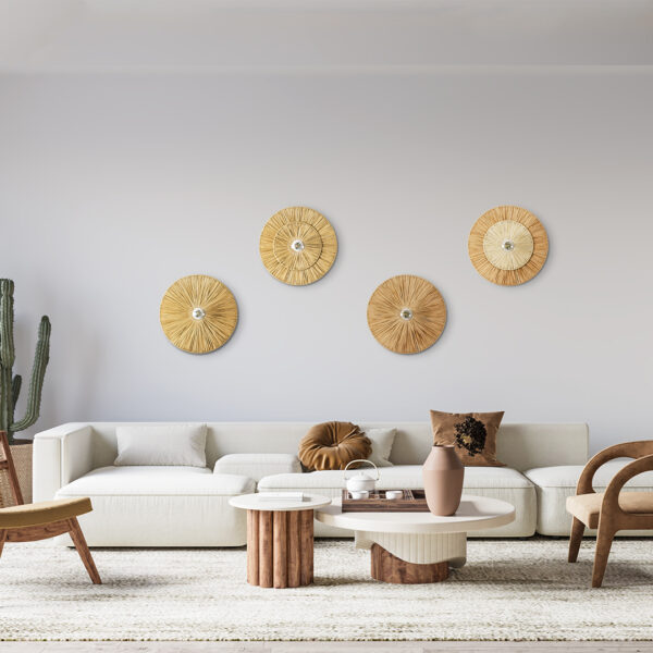 GloboStar® COLOMBO 02283 Boho Φωτιστικό Τοίχου – Απλίκα Μονόφωτο 1 x E27 AC 220-240V IP20 – Φ40 x Υ4.5cm – Μπεζ Καφέ Φυσική Ράφια Άχυρο Πλέγμα – 5 Χρόνια Εγγύηση